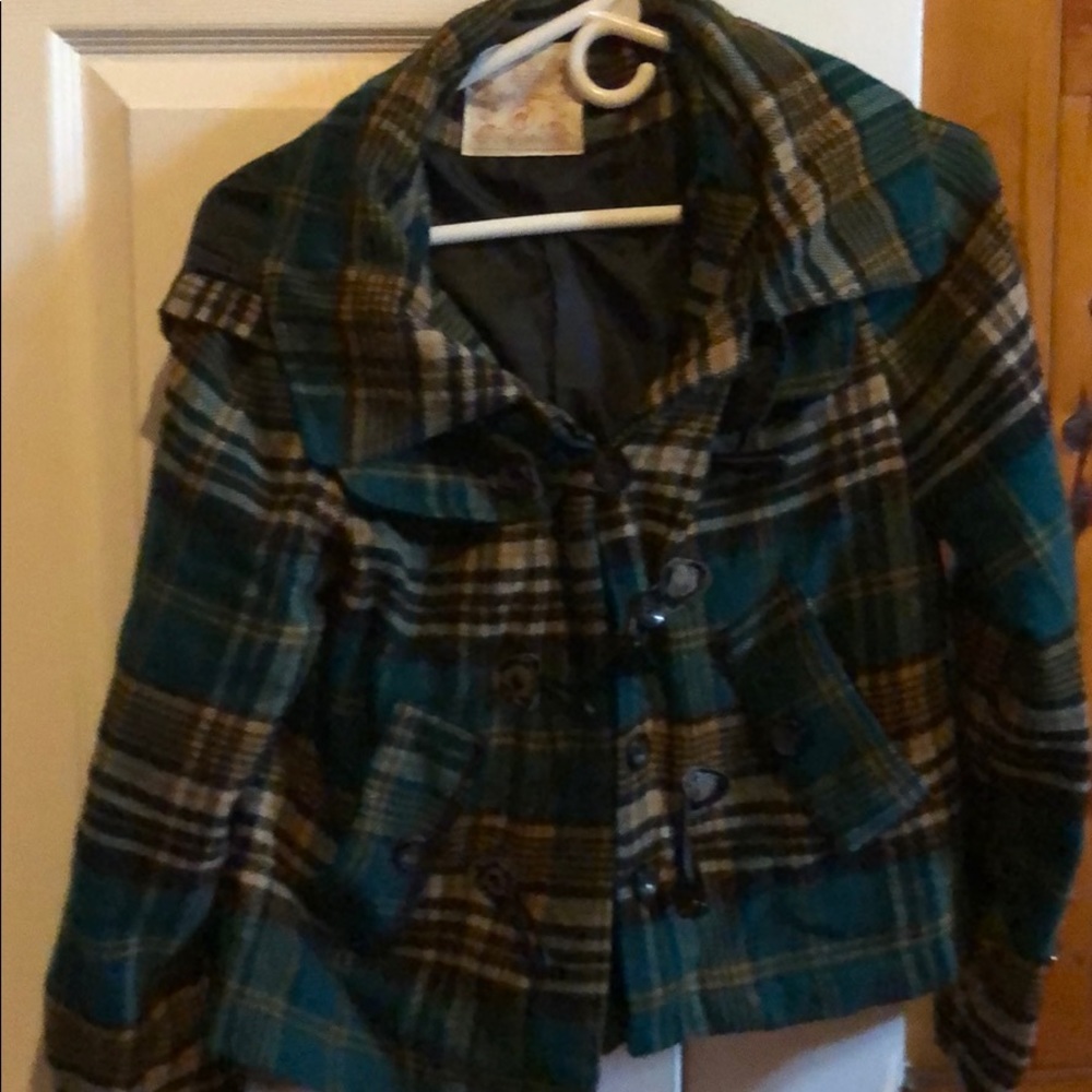 Plaid pea jacket short waist  with toddles